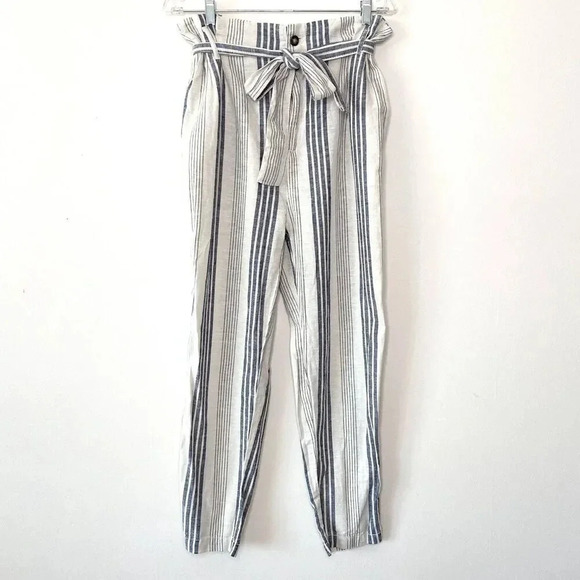 Cali 1850 Linen Striped Paper Bag Linen Blend Women's Medium White Blue Pants - Picture 1 of 7